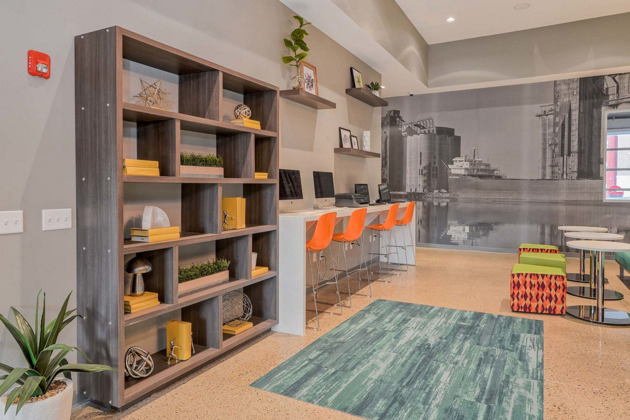 Business center with modern workstations at 101 Center Apartments, Arlington Ideal for remote work and meetings in luxury surroundings