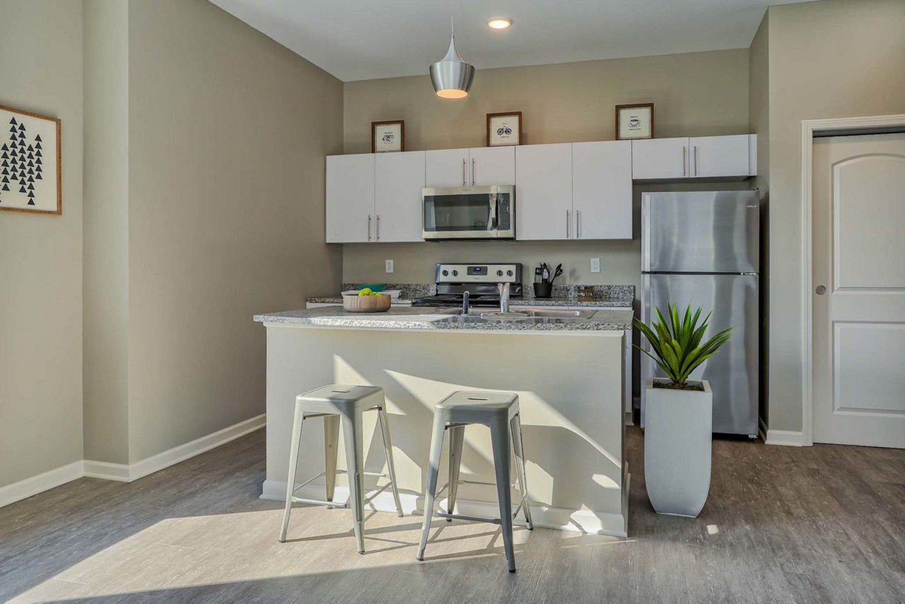 Modern kitchen featuring stainless steel appliances and sleek countertops in Monarch 716 Apartments