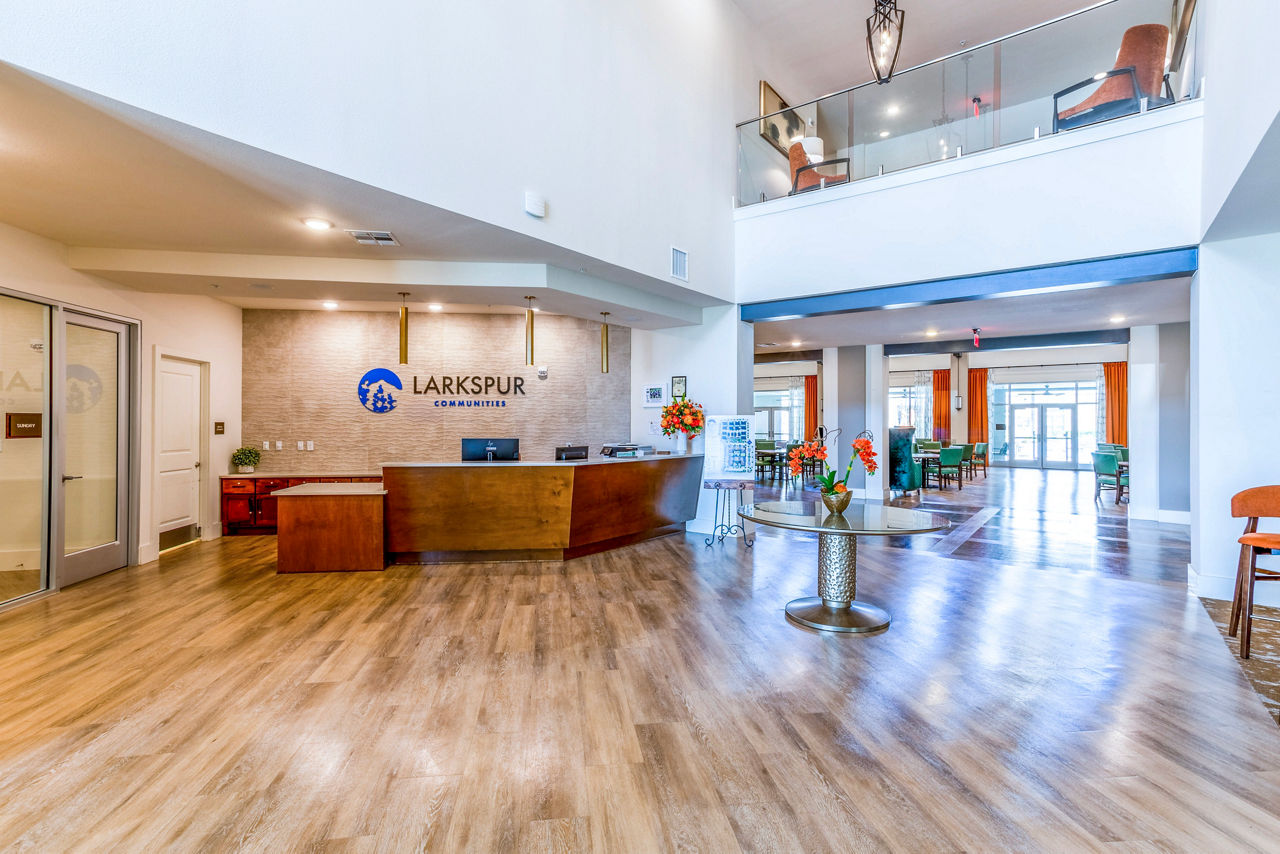 Clubhouse featuring modern design and cozy seating at Larkspur at Shadow Creek Apartments, an elegant community space for residents