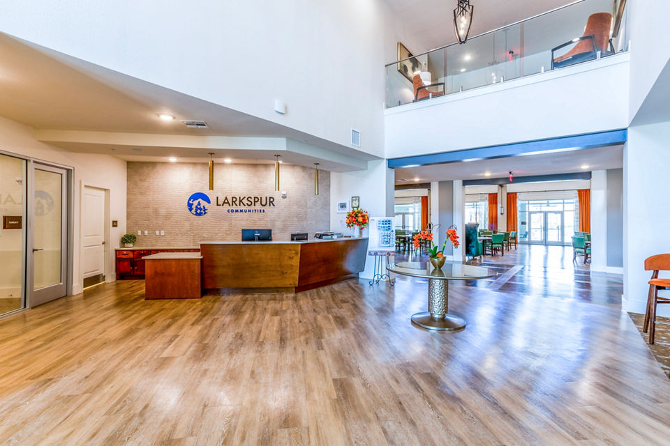 Clubhouse featuring modern design and cozy seating at Larkspur at Shadow Creek Apartments, an elegant community space for residents