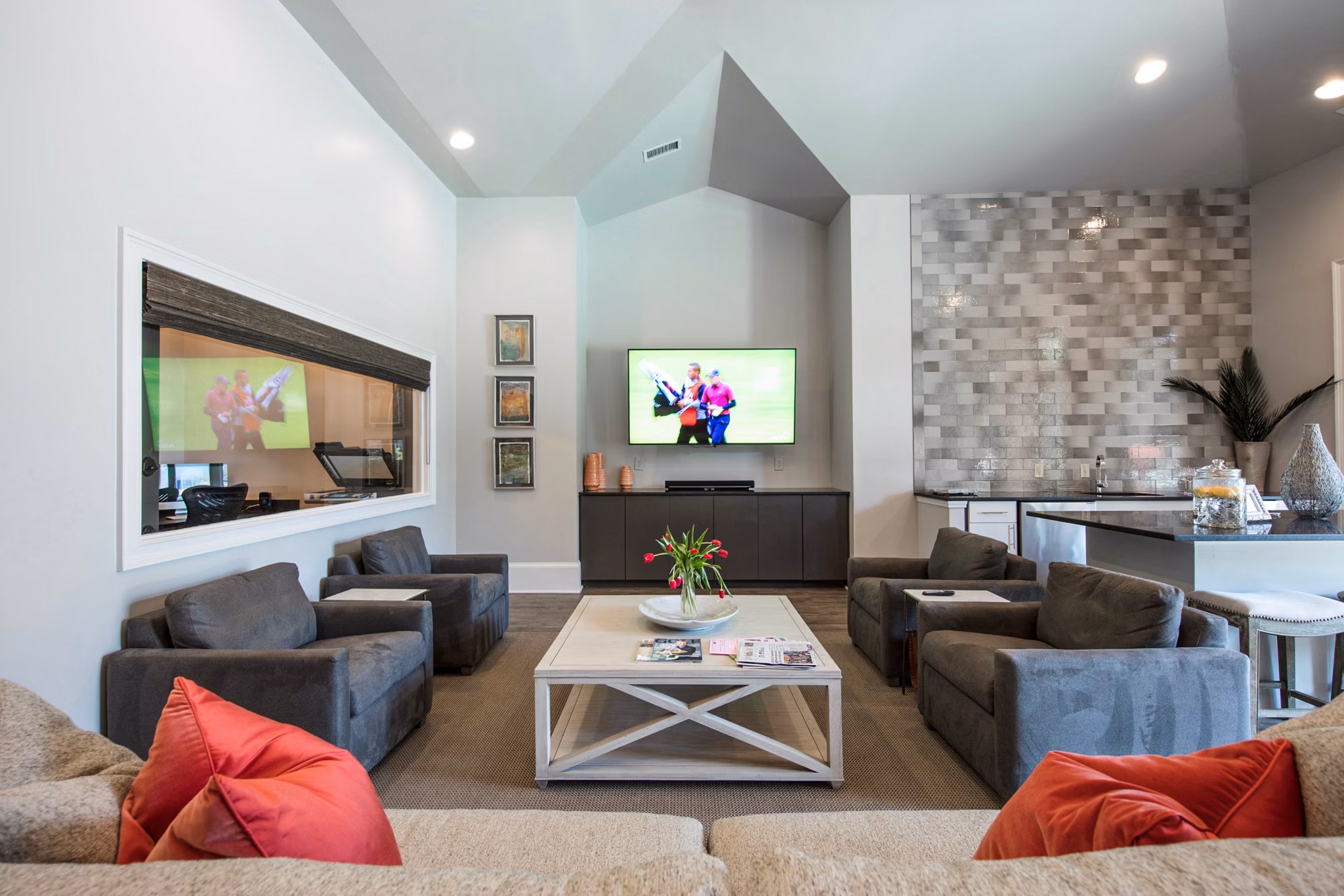 Clubhouse with modern design at 42 Magnolia and 5000 Forest Apartments, featuring luxury amenities and stylish interiors