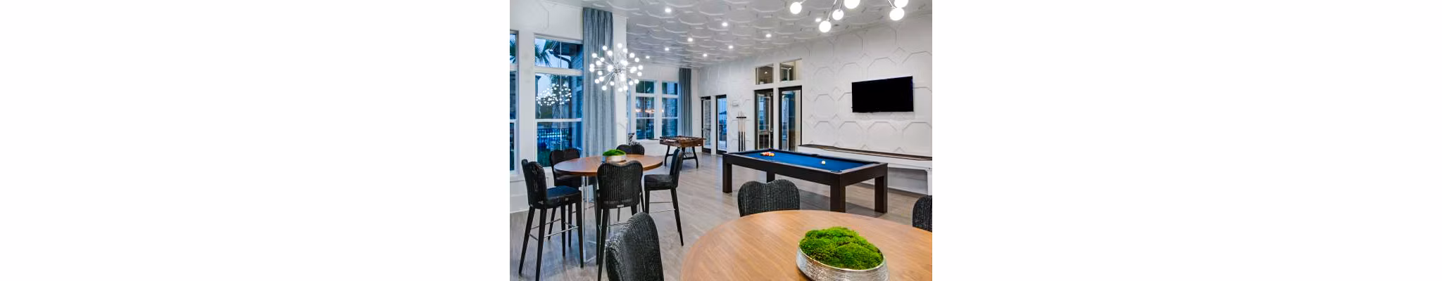 Clubhouse game room with pool table and lounge seating at Tapestry at Lake Park Apartments