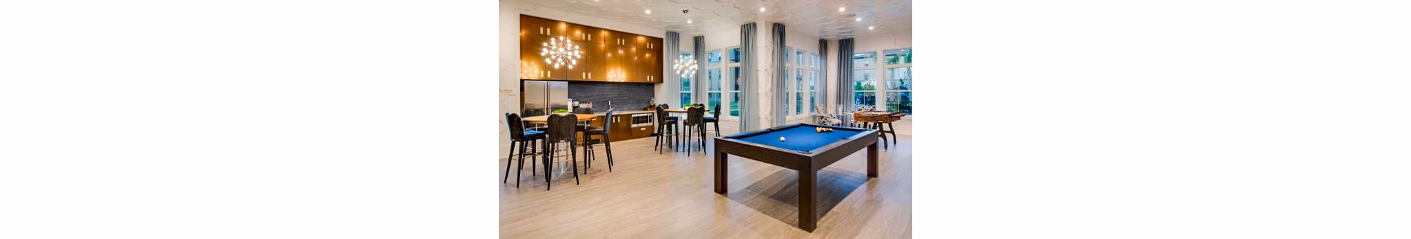 Modern clubhouse game room featuring billiards and lounge area at Tapestry at Lake Park Apartments in a luxurious setting