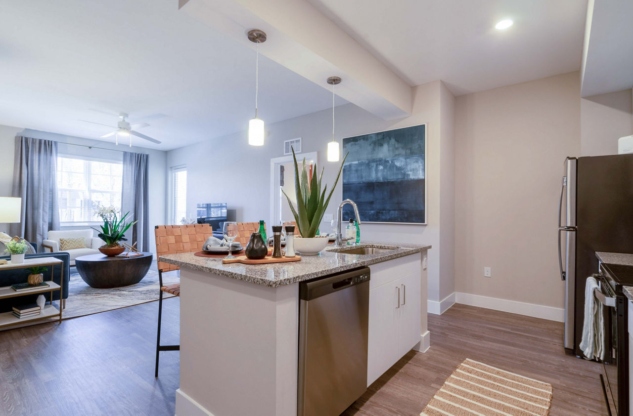 Modern kitchen with stainless steel appliances in The Palms at Cape Coral Apartments