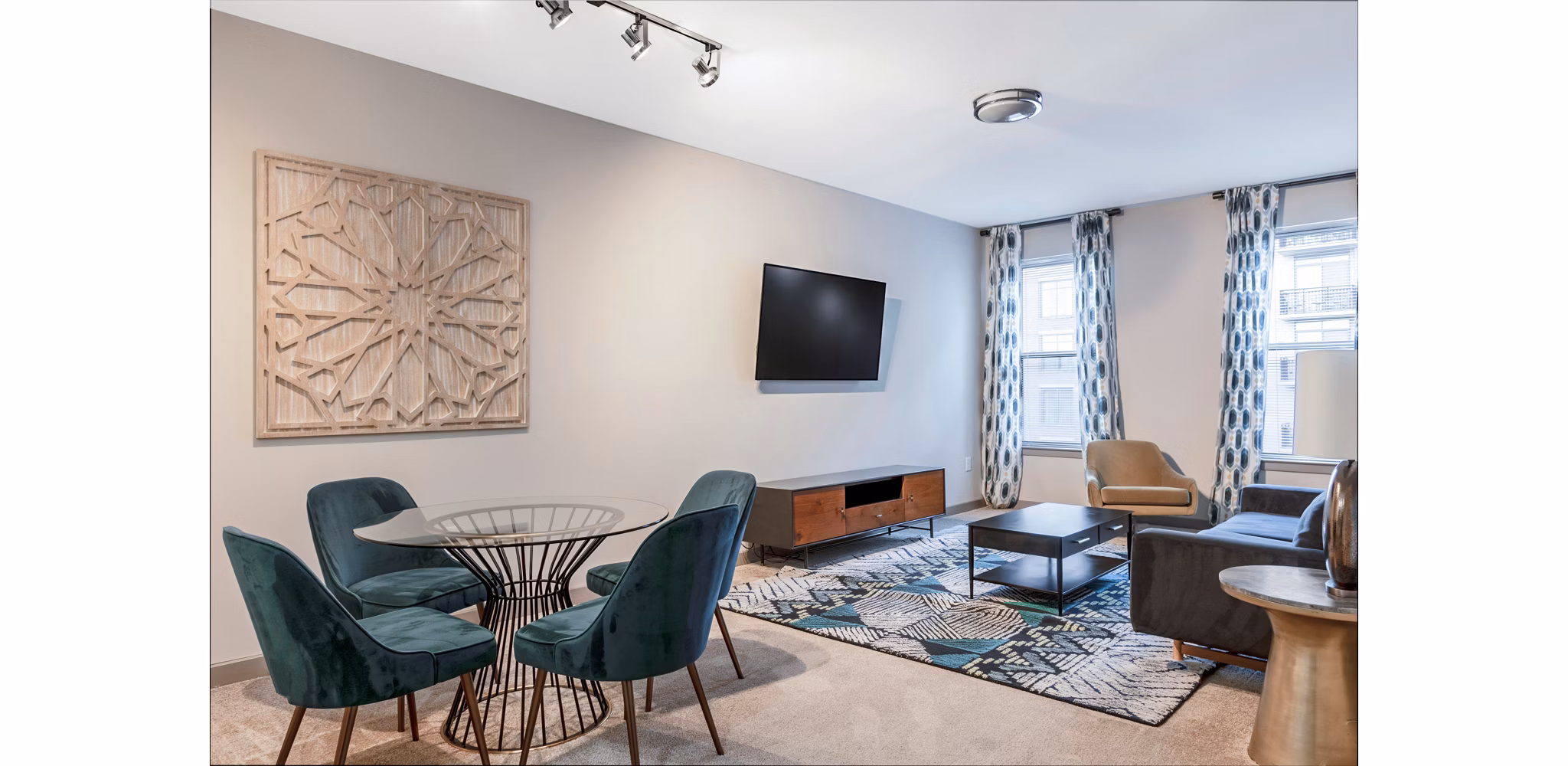 Spacious living room with modern decor at Esplanade at National Harbor Apartments