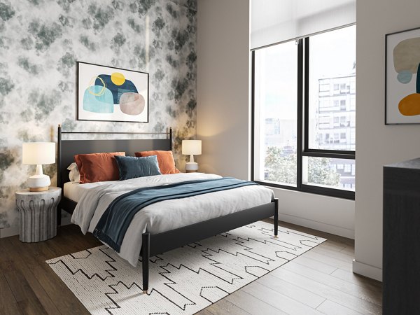 Cozy bedroom featuring modern decor at One Six Six Apartments in a luxury setting