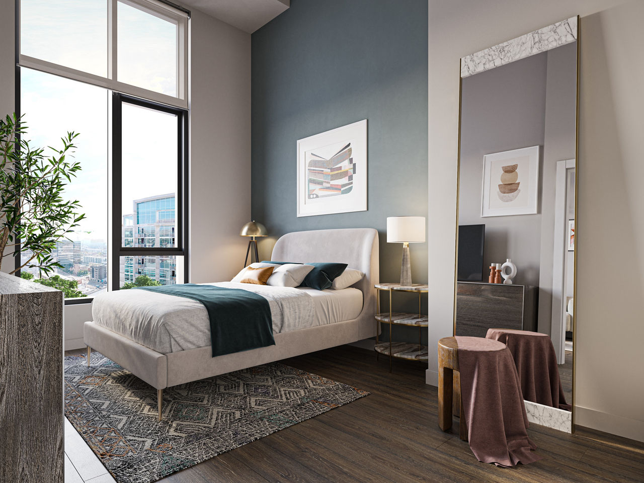 Cozy bedroom with modern decor at One Six Six Apartments, featuring luxury amenities and stylish design