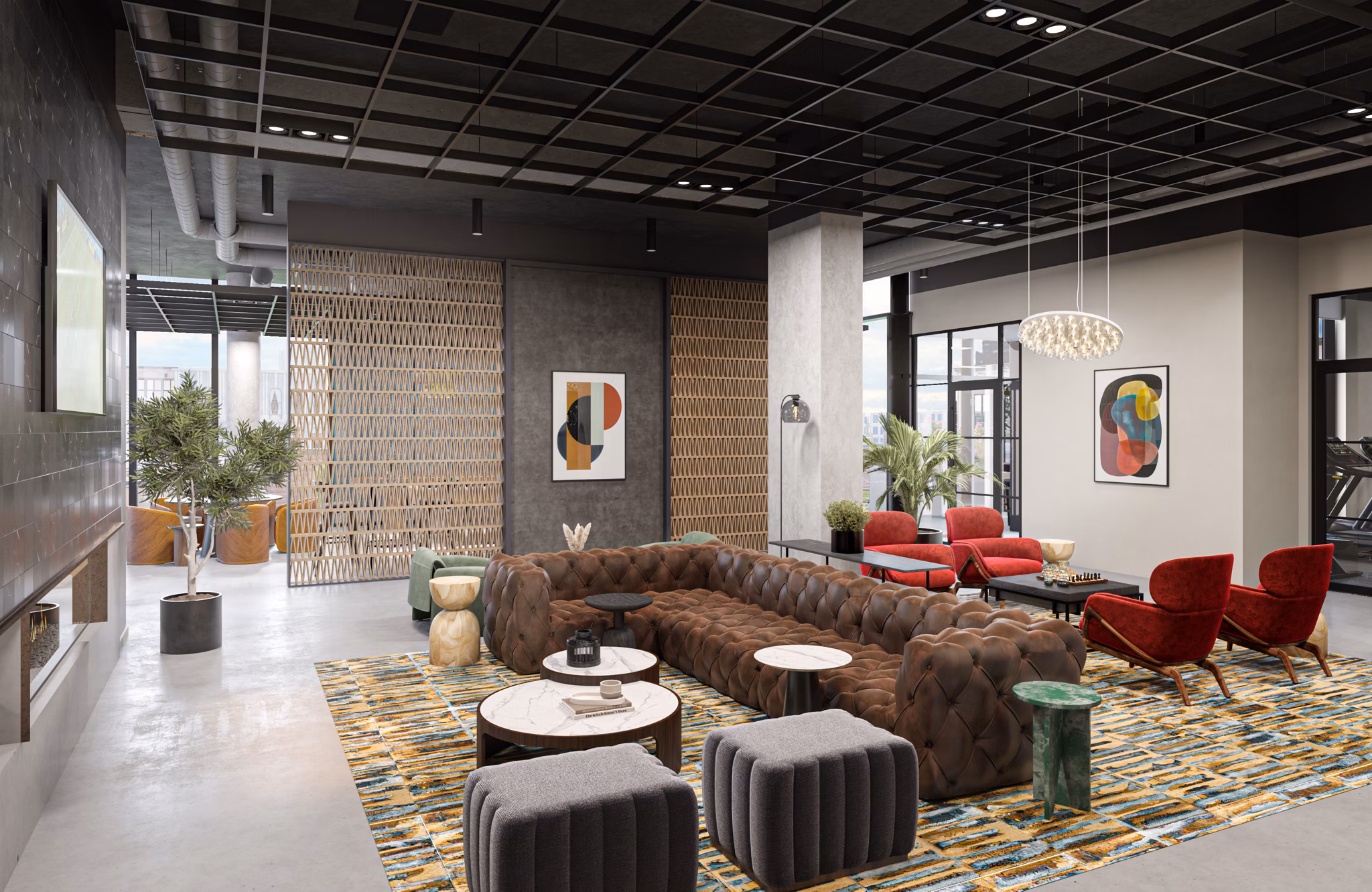 Clubhouse featuring luxury seating and modern decor at One Six Six Apartments