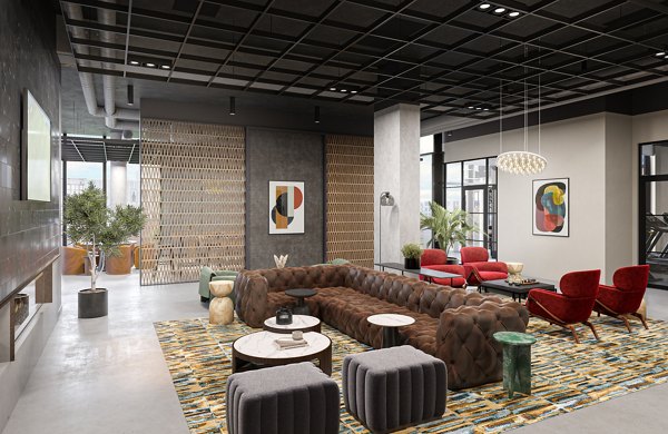 Clubhouse featuring luxury seating and modern decor at One Six Six Apartments