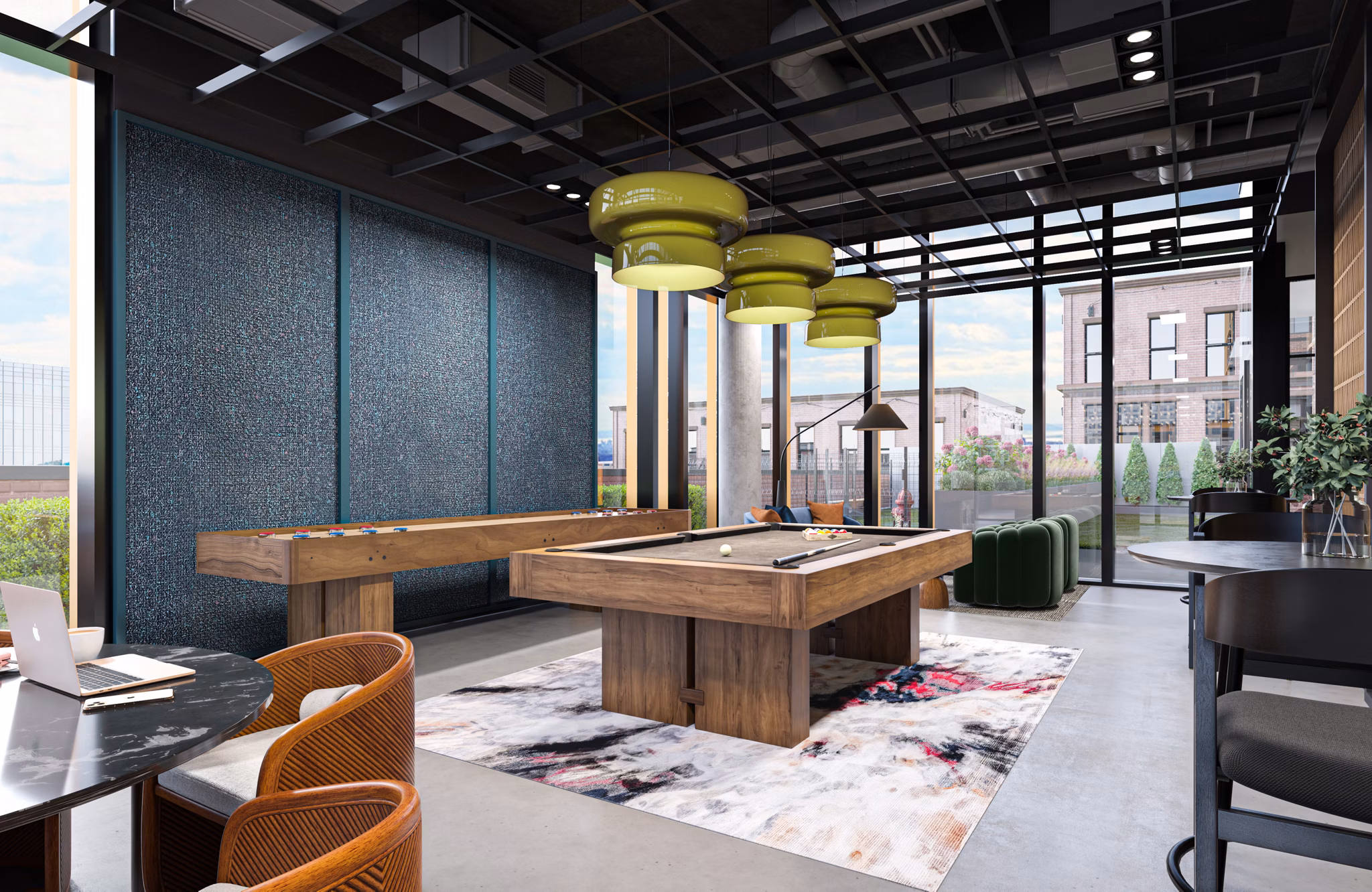 Clubhouse featuring modern design elements at One Six Six Apartments in luxury Greystar community