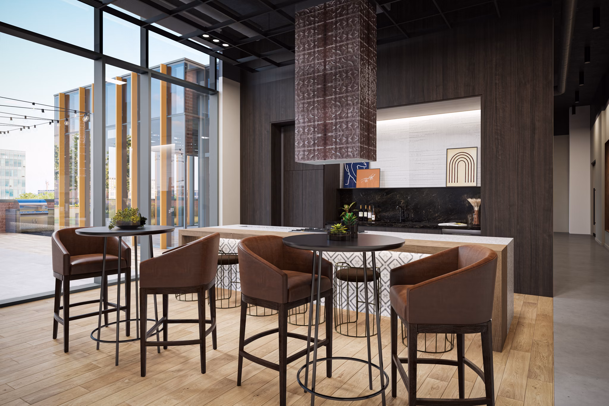 Clubhouse featuring modern design and ample seating at One Six Six Apartments