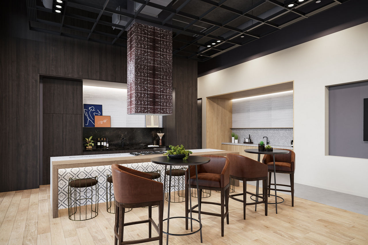 Elegant clubhouse with modern seating and pool table at One Six Six Apartments