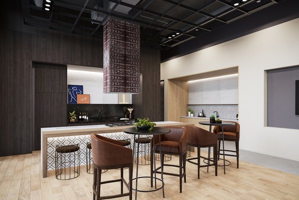 Elegant clubhouse with modern seating and pool table at One Six Six Apartments