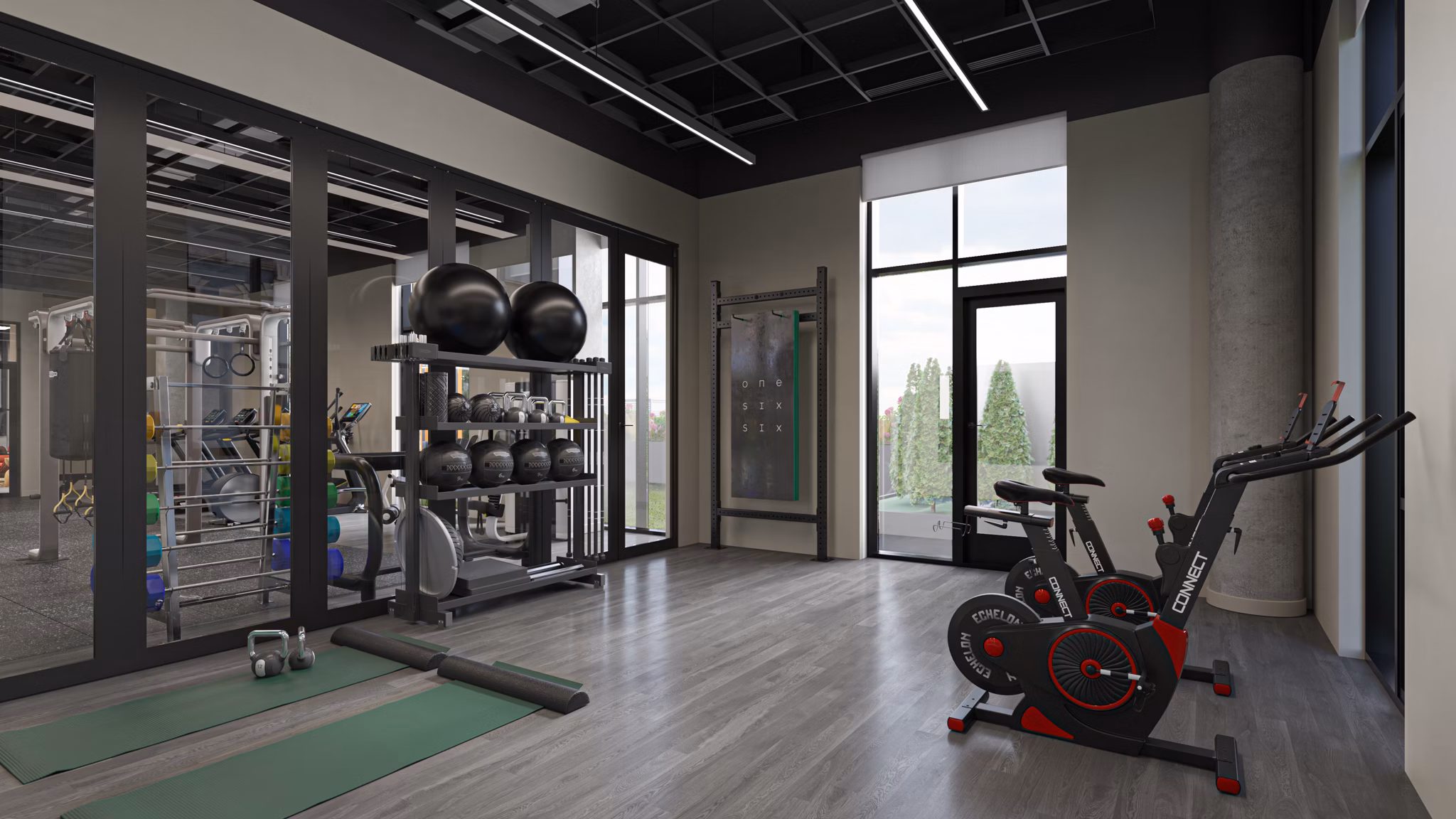 State-of-the-art fitness center with modern equipment at One Six Six Apartments