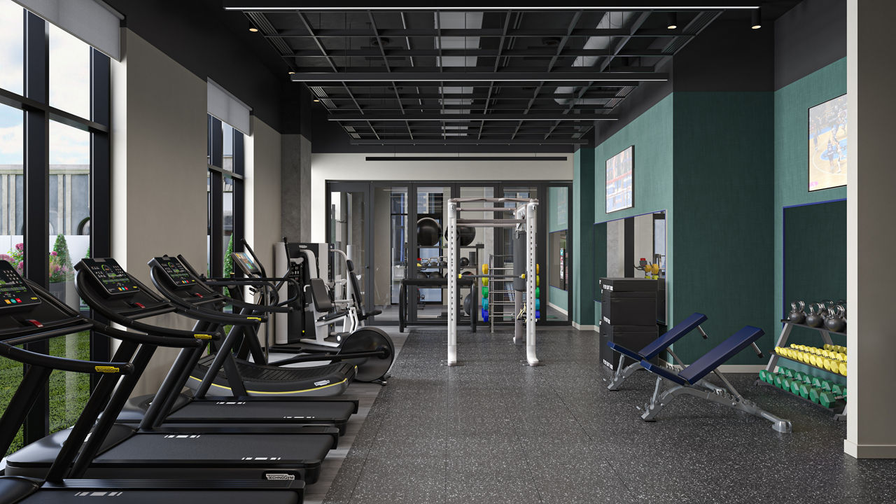 Modern fitness center with state-of-the-art equipment at One Six Six Apartments
