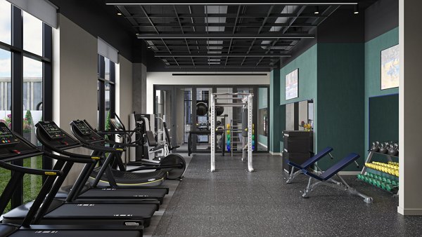 Modern fitness center with state-of-the-art equipment at One Six Six Apartments