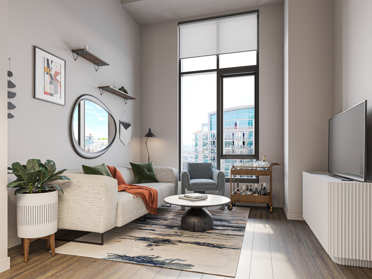 Modern living room with stylish furnishings at One Six Six Apartments