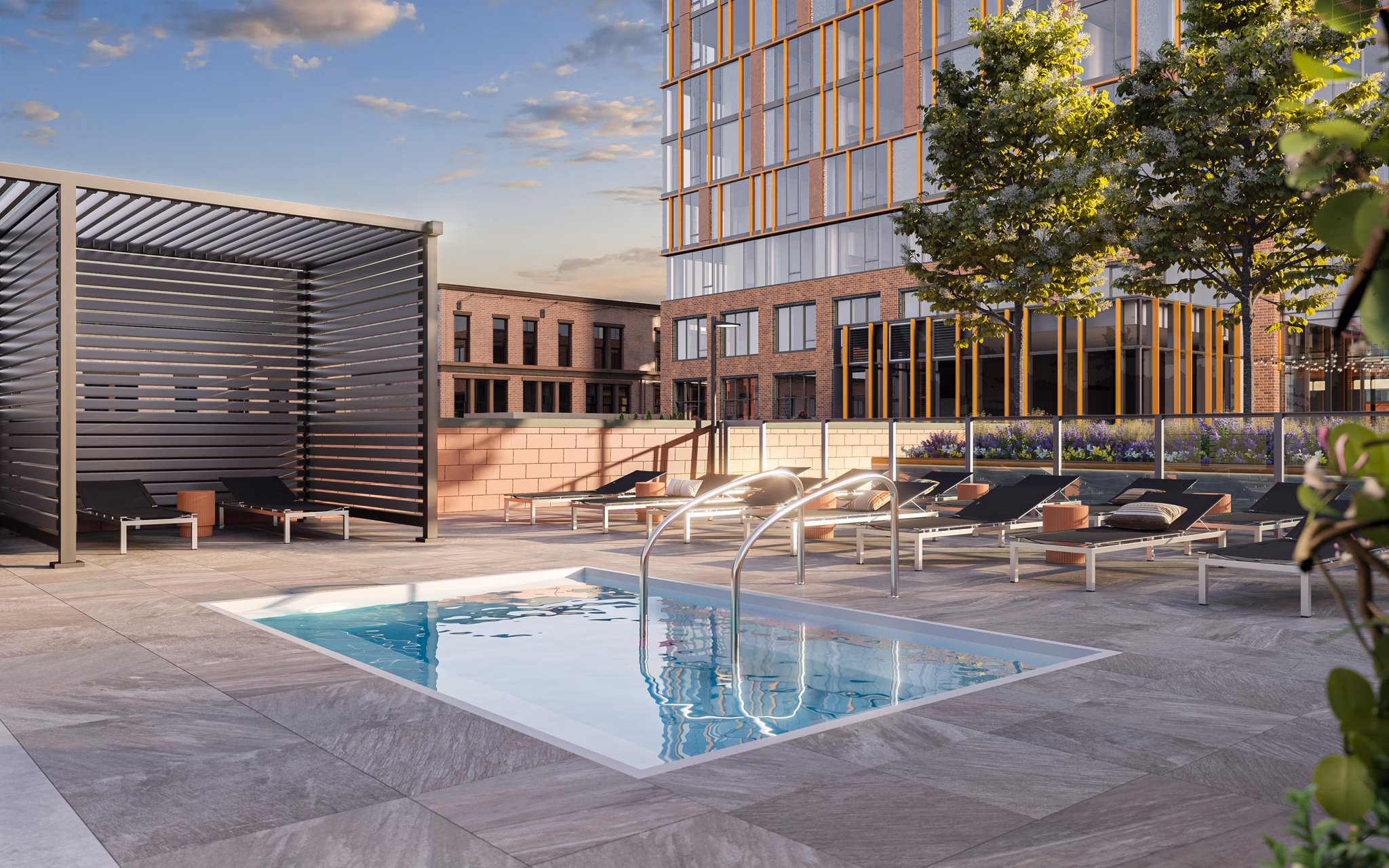 Modern outdoor pool at One Six Six Apartments offering luxury relaxation in urban setting