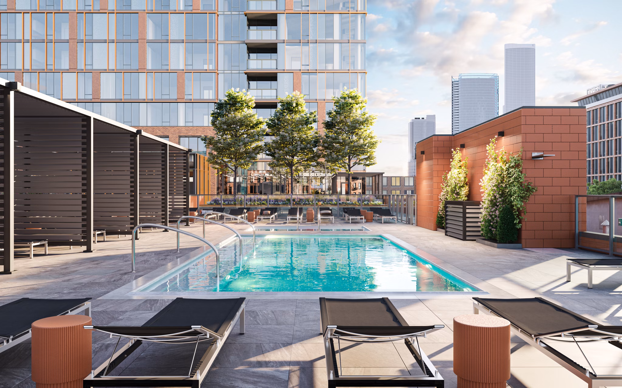 Poolside leisure area at One Six Six Apartments Perfect for residents seeking luxury relaxation and outdoor entertainment