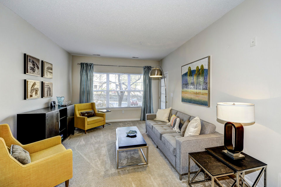 Spacious living room with modern furnishings in Avana Red Run Apartments