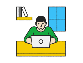 illustration of man using laptop to find his employer while filing taxes