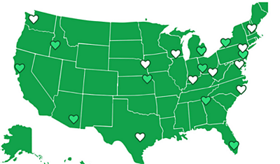 map of the United States with markers for 10 community-led projects