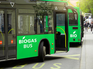 Buses powered by biogas. Carbon neutral transportation concept.