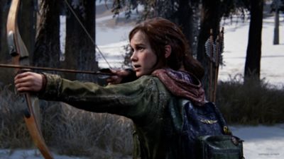 PS5 The Last of Us Part I protagonist Ellie draws her bow and arrow.