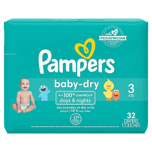 Pampers Baby-Dry Diapers, Size 3, 16-28 lb, 32 count
A good night's sleep starts with a great diaper, and Pampers Baby-Dry diapers give you and your baby up to 100% leakproof nights and happy mornings. Made to protect your baby's delicate skin, our exclusive LockAway Channels absorb wetness and lock it safely away, while our protective Dri-Weave Liner helps keep skin healthy. Plus, our Baby-Dry Diapers are hypoallergenic and completely free of parabens and latex.* These are just a few of the many reasons Pampers is the #1 pediatrician recommended diaper brand—and your baby's best bet for comfy protection. Pampers also keep messes to a minimum. To help contain leaks and prevent blowouts, our Baby-Dry diapers feature all-around stretchy sides and large tape fasteners for a secure and comfy fit. Plus, they come equipped with our Dual Leak-Guard Barriers that are specially designed to protect around the legs, where leaks tend to happen most. And when your baby is due for a diaper change, our handy Wetness Indicator lets you know. No need for guesswork.Use Baby-Dry diapers with our Pampers Sensitive Wipes to help keep your baby's skin healthy and prevent irritation. New & improved! Packaging and prints may vary. Ships in 100% recyclable packaging.  *Natural Rubber 