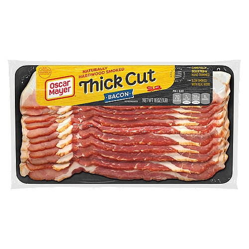 Oscar Mayer Naturally Hardwood Smoked Thick Cut Bacon, 16 oz Pack, 11-13 slices
Oscar Mayer Naturally Hardwood Smoked Thick Cut Bacon Slices are hand-trimmed for delicious flavor and hearty texture. Carefully selected cuts of pork are used to make our delicious thick cut bacon. Each bacon slice is naturally smoked with real hardwoods, making it a tasty addition to breakfast sandwiches and BLTs alike. Fry a few slices for bacon and eggs, or chop it up and add thick cut smoked bacon to any of your favorite dishes. Crumble a slice into bacon bits or try pairing with a breakfast sausage in the morning. Keep our 16-ounce vacuum sealed package with 11-13 slices of bacon refrigerated and use within seven days once opened.

• One 16 oz. package of Oscar Mayer Naturally Hardwood Smoked Thick Cut Bacon, 11-13 Slices
• Thick cut Oscar Mayer bacon slices with a hardwood smoky flavor
• Our smoked, thick sliced bacon comes from hand-trimmed cuts of pork
• Naturally hardwood smoked Oscar Mayer bacon with real hardwoods
• Try adding our thick sliced bacon to any of your favorite recipes
• Our thick cut bacon is a tasty addition to breakfast sandwiches and BLTs
• Crumble a slice into bacon bits or try pairing with a breakfast sausage in the morning
• Oscar Mayer thick cut bacon is sliced and sealed in plastic packaging to preserve freshness
• SNAP & EBT eligible food item