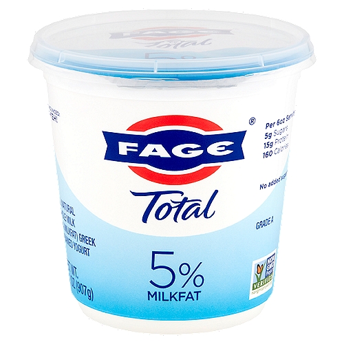 Fage Total 5% Milkfat All Natural Whole Milk Greek Strained Yogurt, 32 oz
No added sugar*
*Contains naturally occurring milk sugar - Not a low calorie food

Milk produced without the use of rBST.
The FDA has said no significant difference has been shown, and no test can now distinguish, between milk derived from rBST treated and untreated cows.

Fage Total 5% Greek Strained Yogurt:
• All natural
• Made with only milk and yogurt cultures
• Protein-rich
• Good source of calcium
• Gluten-free
• Vegetarian friendly
• Additive and preservative free
• Milk from non-GMO fed cows